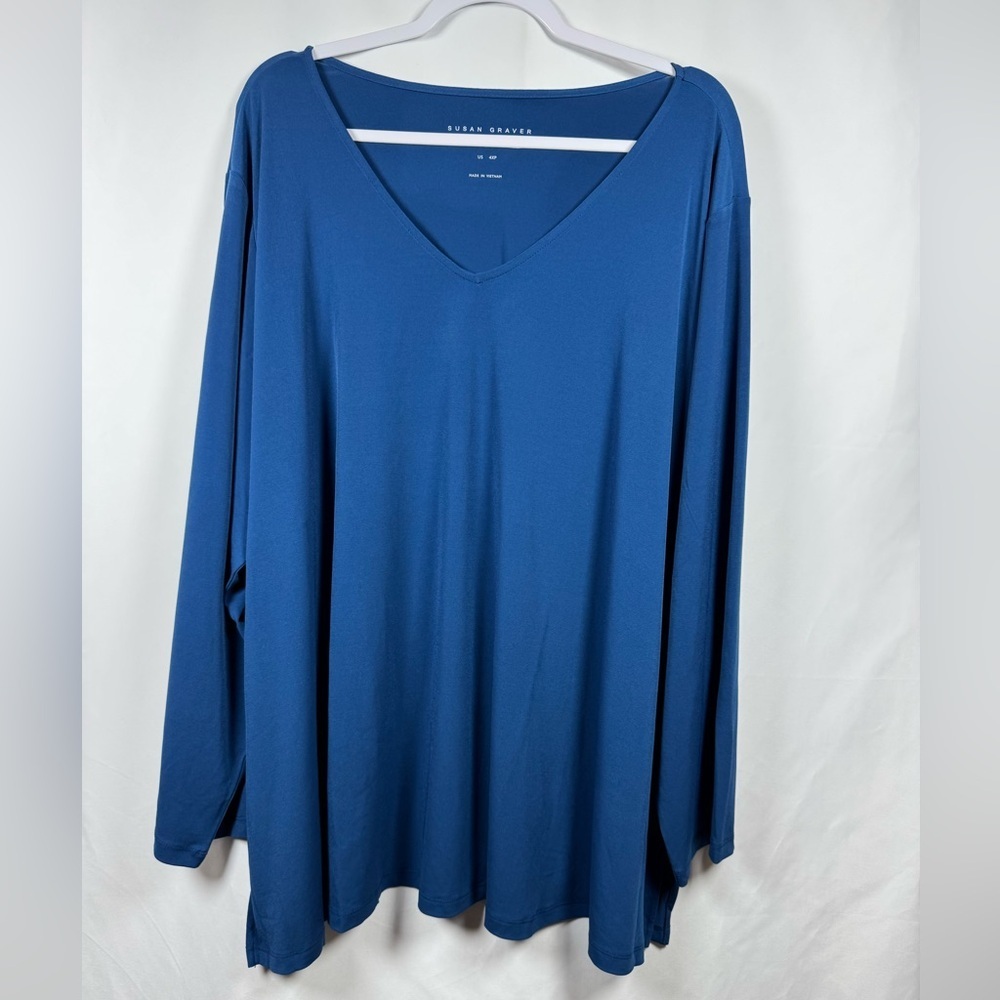 Susan Graver V-Neck Long Sleeve Women's Blue Blouse 4XP